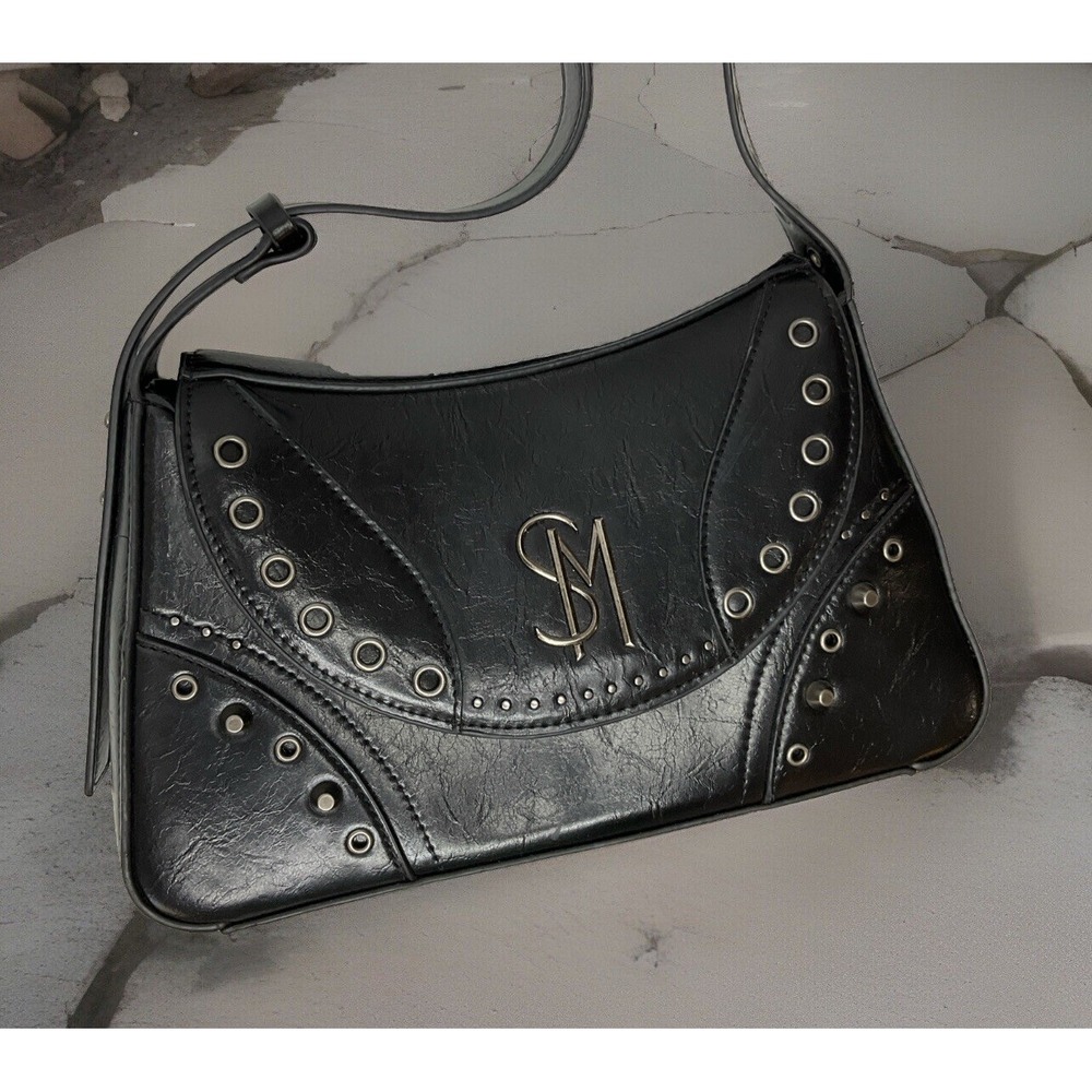 Steve Madden BMargy Shoulder Bag Purse Black Faux Leather Studded Y2K SM Logo - Picture 9 of 9